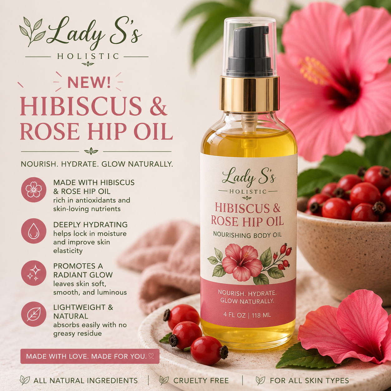 Hibiscus and rose hip oil ￼