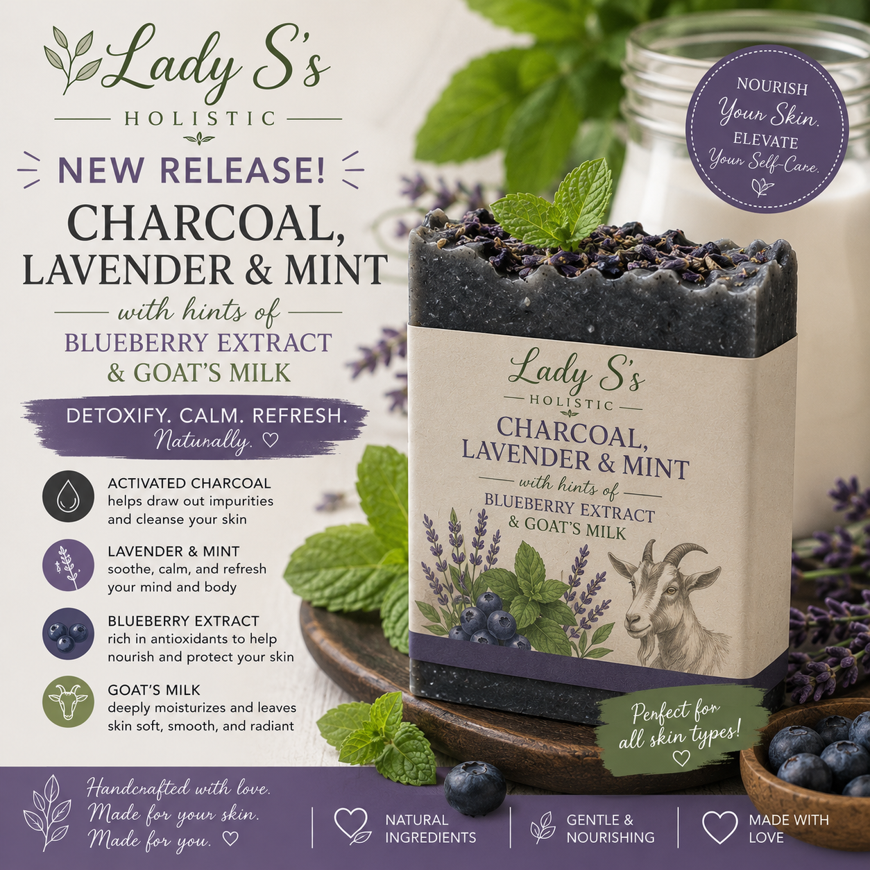 Charcoal, lavender and mint soap